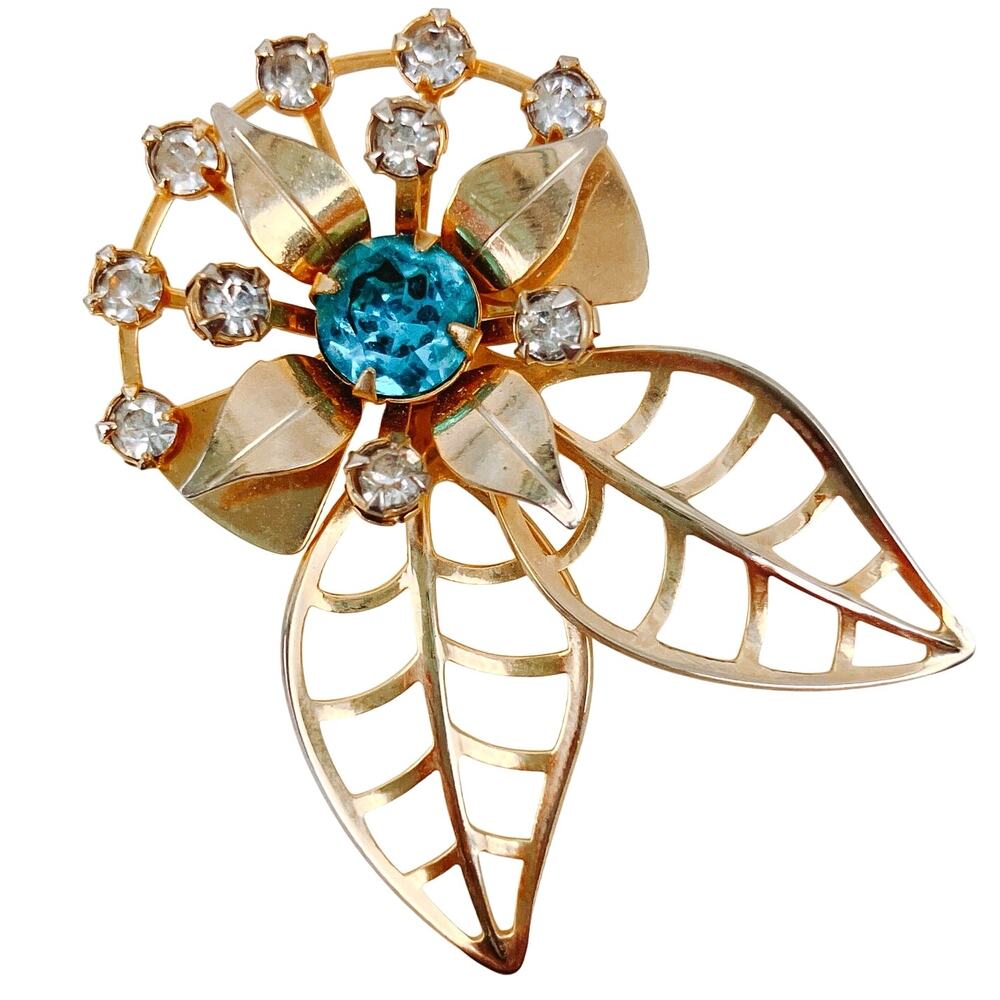 Mid Century Gold Tone Floral Brooch Aqua Glass Rhinestones Vintage Jewelry 1950s